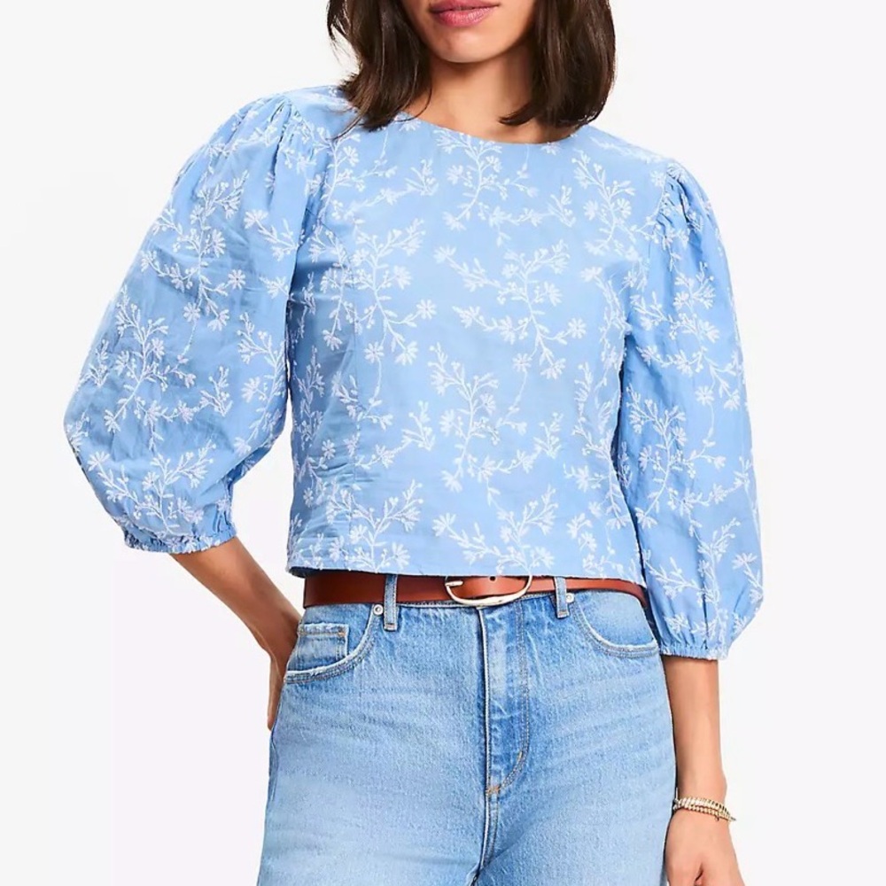 Loft floral embroidered elbow sleeve top